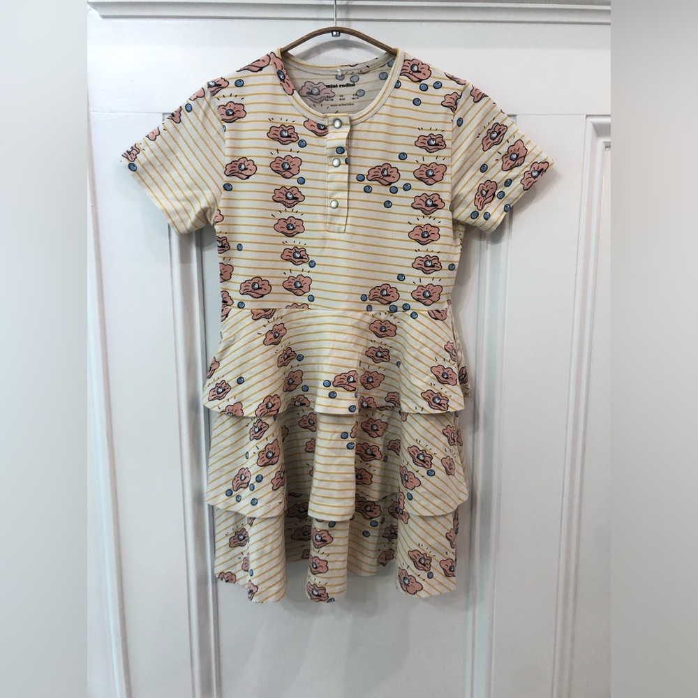 Mini Rodini Yellow Striped Dress with Pink Floral Print
